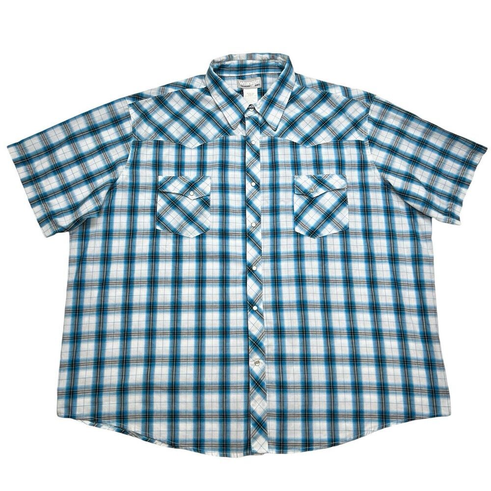 Wrangler Wrancher Pearl Snap Shirt Short Sleeve Blue,‎ Teal, Gray Plaid Men's 3X